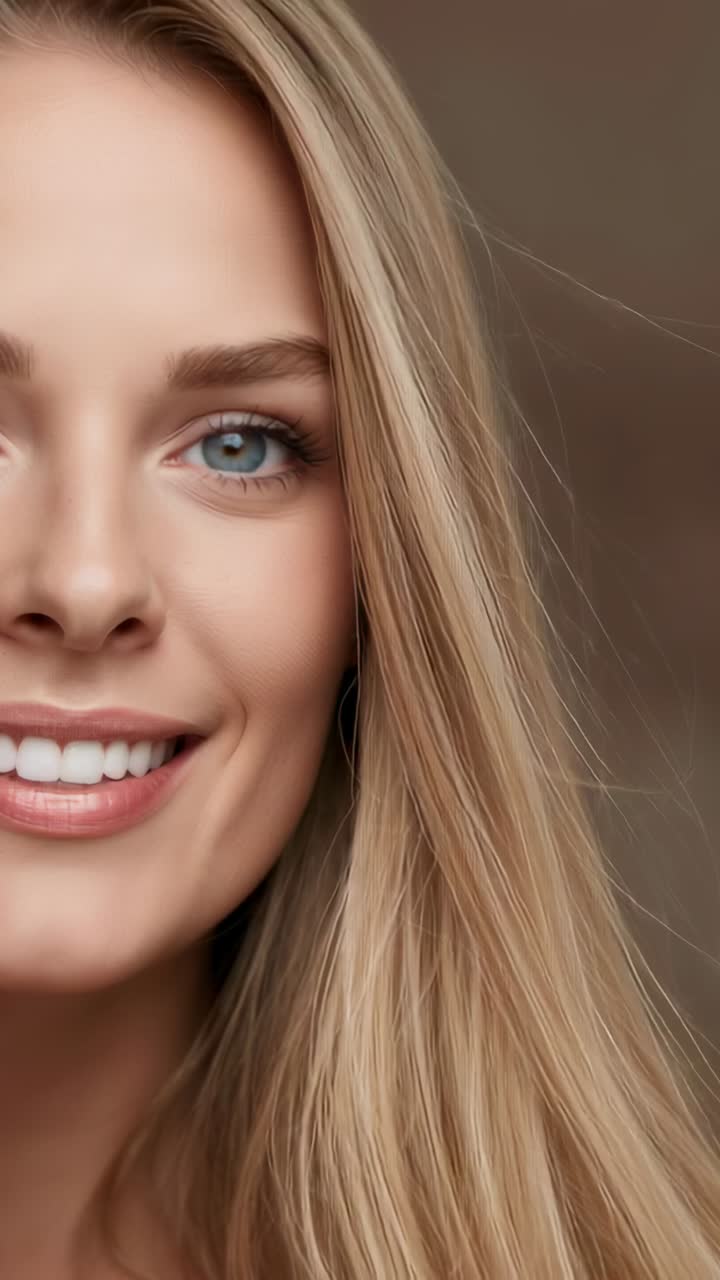 Vertical video: Smiling blonde woman holding gaze as camera shifting in ...