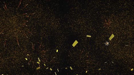 Animation-of-2024-text-in-gold,-exploding-with-new-year-fireworks-and-gold-confetti-in-night-sky