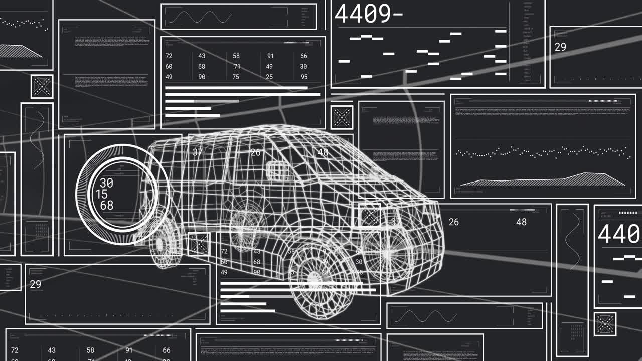 Na inicialização, van em wireframe 3D centralizando na grade enquanto medidor e painéis atualizam dados de diagnóstico.