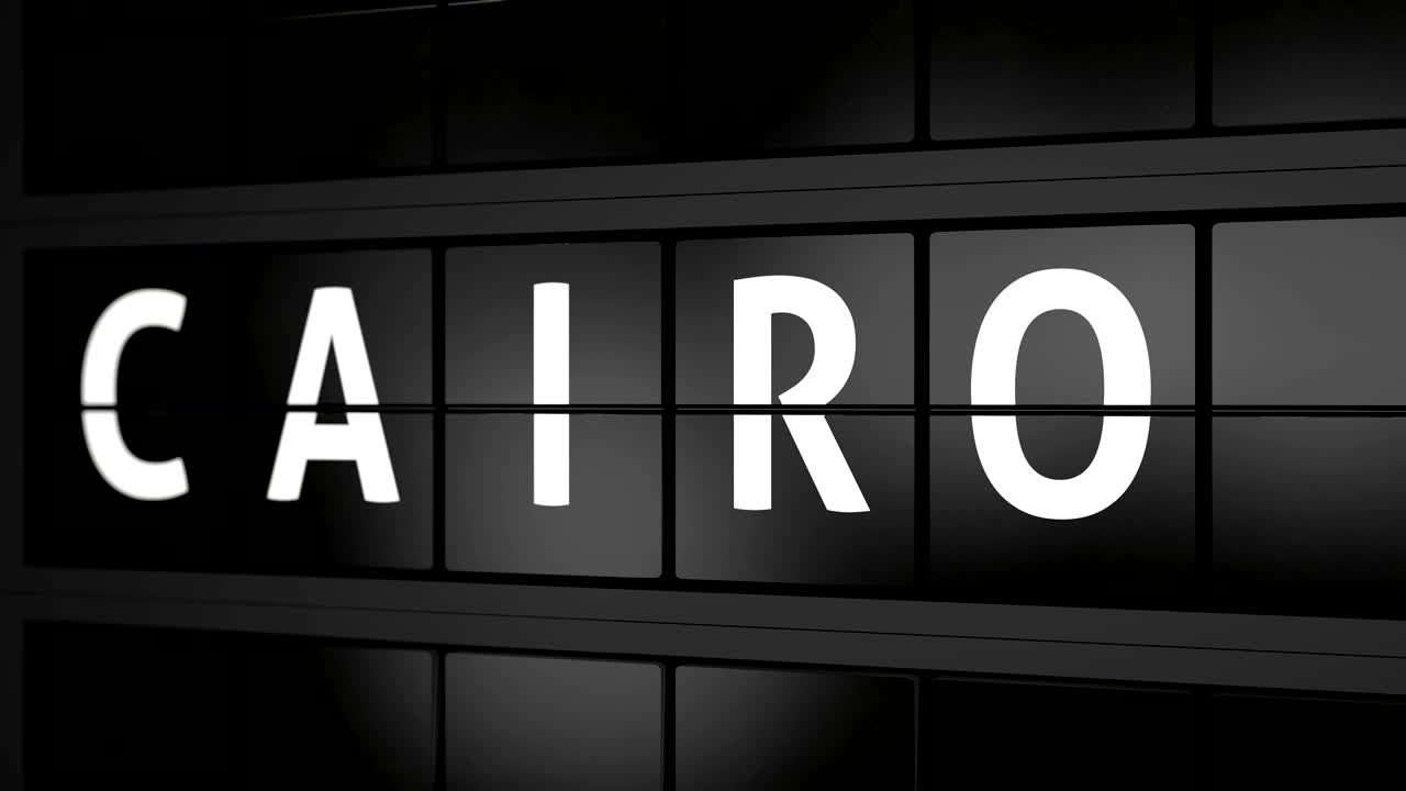 animación generada en 3d 4k, cartel analógico de aeropuerto con información de vuelo, ciudad de llegada de el cairo