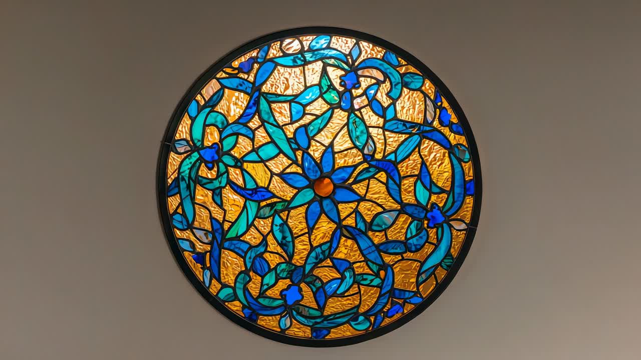 Revealing stained glass panel on gallery wall, with shifting backlight and amber teal vine motifs
