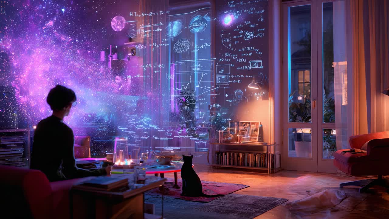 A Thoughtful Exploration of the Cosmos: A Figure Contemplates Infinite Possibilities Amidst a Cosmic Display Illuminating Scientific Theories and the Universe in a Cozy Room
