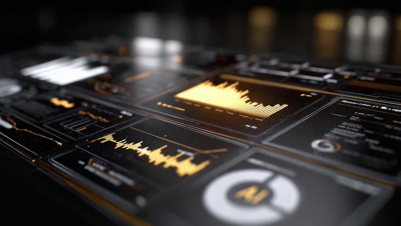 Futuristic Data Visualization Interface Displaying Audio Waveforms and Analytics Metrics in a Sleek Digital Environment with Interactive Elements