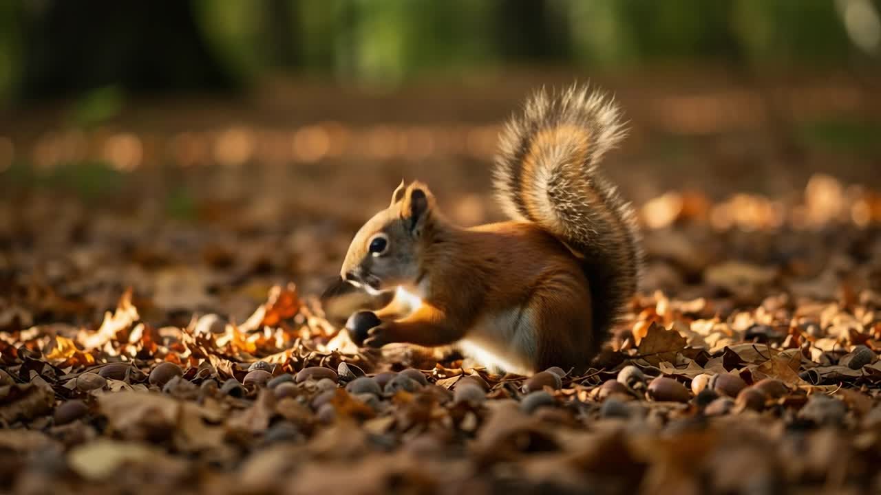 A vibrant squirrel foraging for food amidst a colorful blanket of fallen leaves in a serene forest setting, showcasing nature's beauty and wildlife interactions