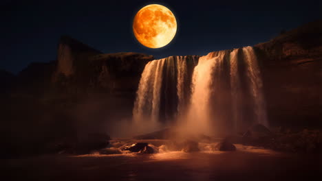 full moon over a mystical waterfall at night