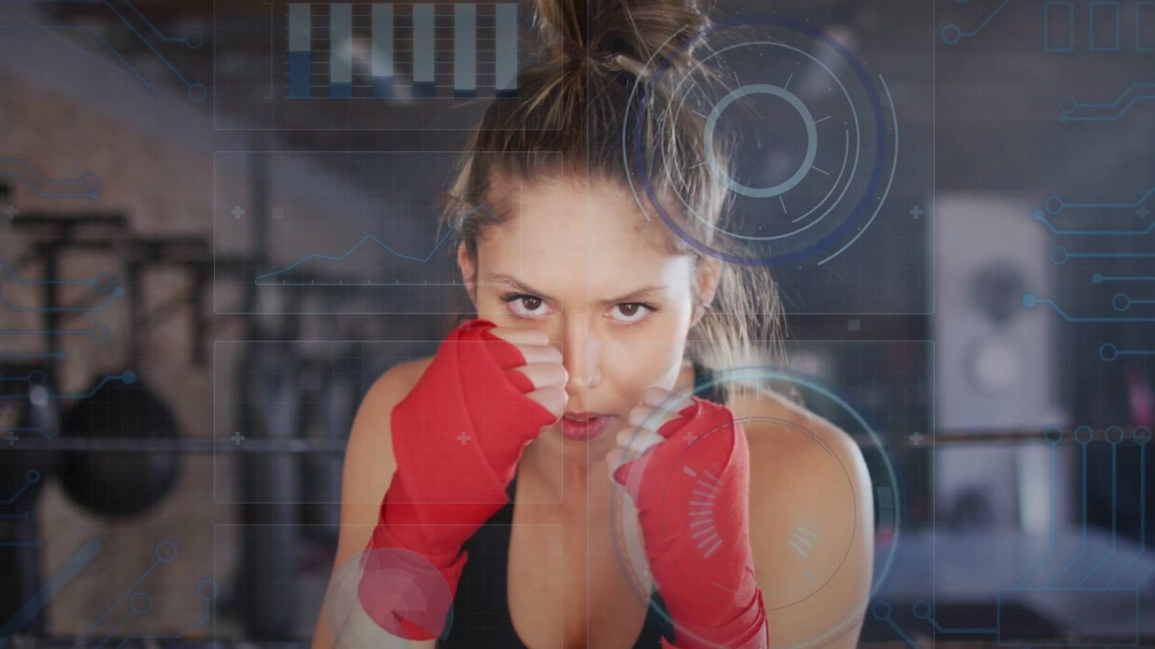 Pugilessa che parte dalla guardia, sferra jab in studio, HUD che traccia le fasce rosse per il fitness.
