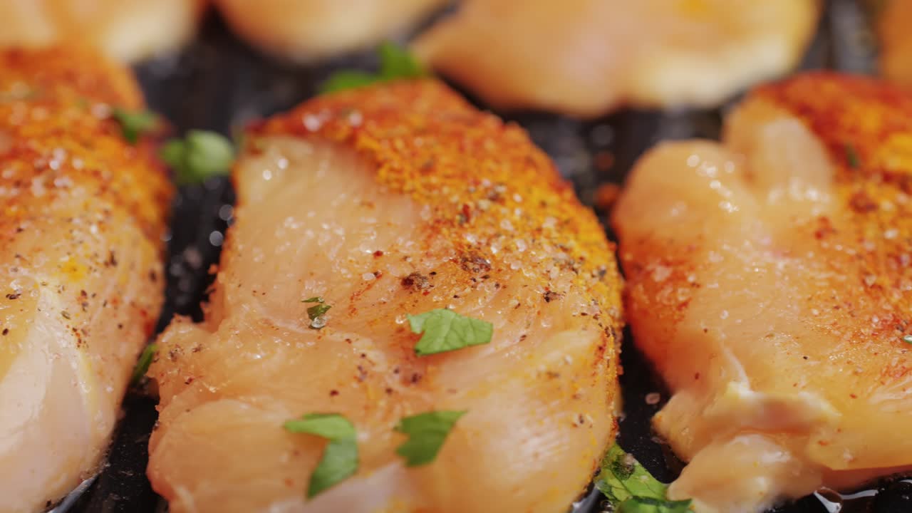 Cooking raw chicken meat in yellow turmeric spice with garlic and greens on grill close-up. Fry chicken slice on frying.pan Grilled chicken, duck, turkey kebab with vegetables.