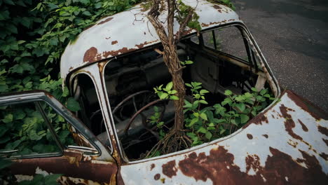 abandoned car overgrown with plants