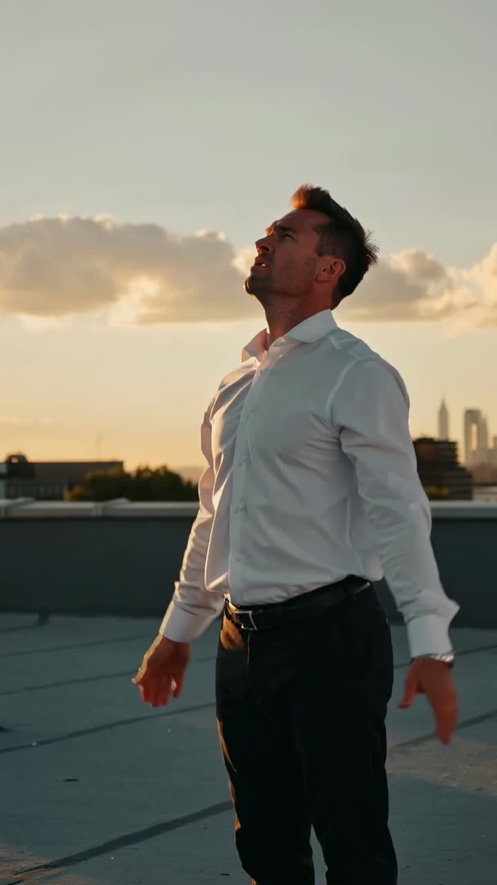 Vertical video: Raising man in dress shirt stretching arms up on roof as sun lowering, with watch