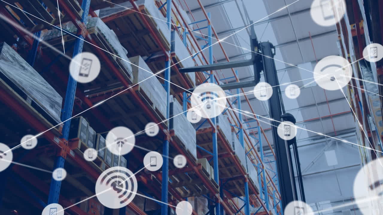 animación de la red de conexiones con iconos sobre el almacén