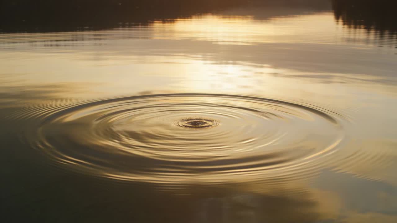 Goccia che colpisce l'acqua formando increspature circolari che si espandono, mostrando i riflessi del sole per la natura