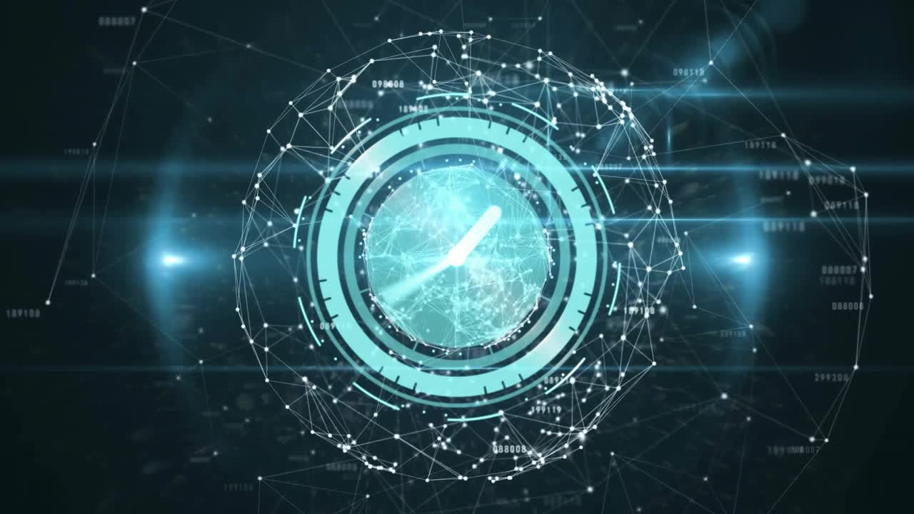 Vertical flash fading as turquoise data globe rotating, clock hand rotating showing data processing