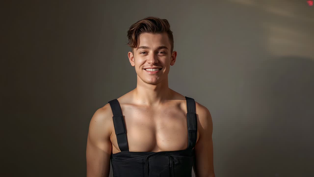 Registrazione di uomo adulto in piedi che sorride in studio, indossa un'imbracatura, mantenendo lo sguardo