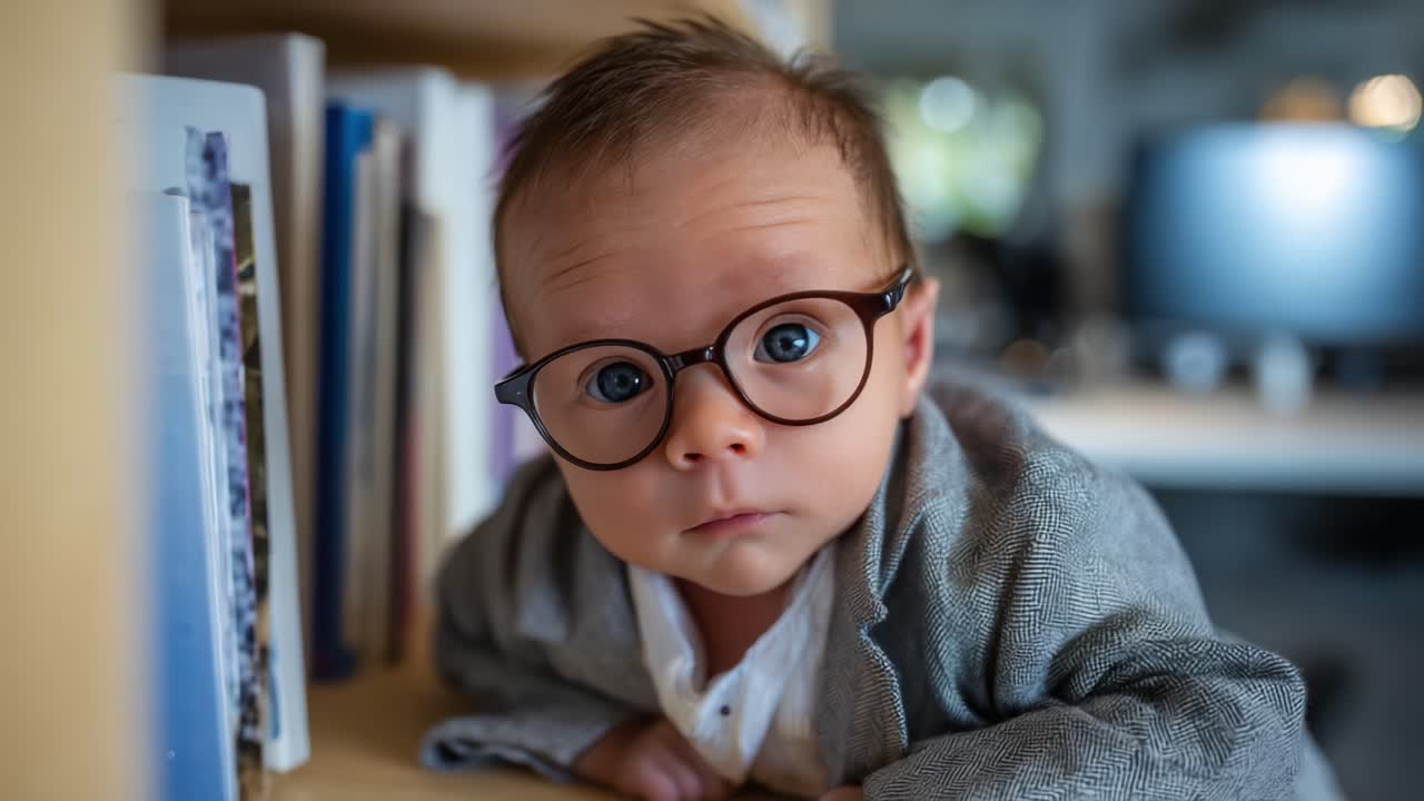 Bambino adorabile con occhiali alla moda e una giacca elegante che fissa intensamente la fotocamera, catturando l'essenza della curiosità e del fascino in uno spazio di lavoro accogliente