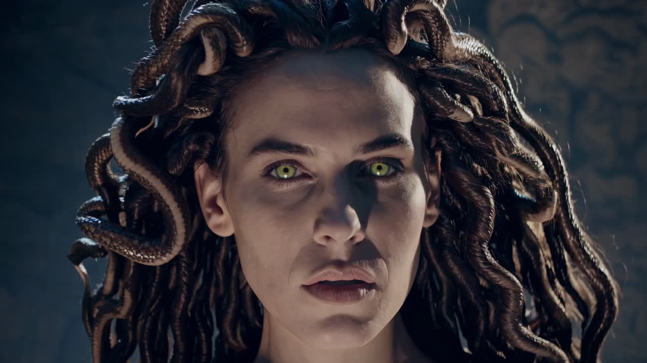 Medusa, a gorgon from Greek mythology, stares intensely with vibrant green eyes, her hair a writhing mass of snakes, in a dimly lit cave, creating a chilling and captivating scene