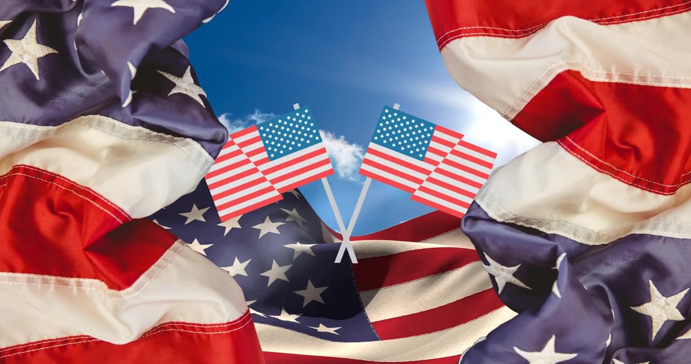 Animation of american flags over american flag and clouds