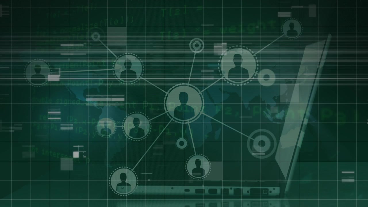 Animation of network of connections with people icons and laptop over grid