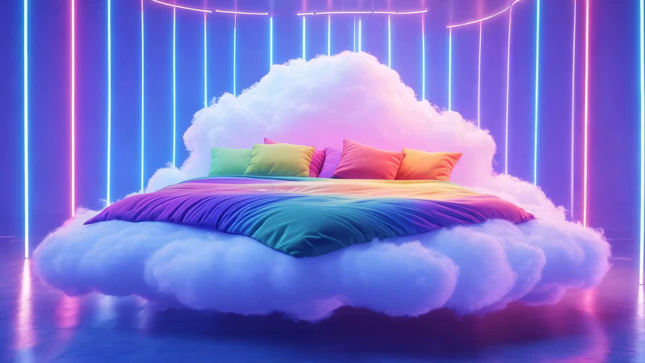 네온 빛 속 의 무지개 구름 침대