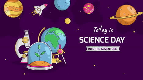ilustración del día de la ciencia con planetas, globo terrestre y otros objetos educativos