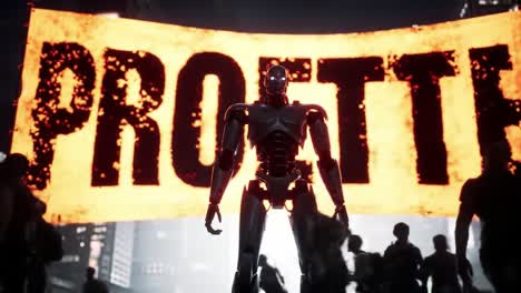 a futuristic robot stands assertively in the foreground against a backdrop of a large, imposing protest banner, highlighting themes of rebellion and technology in a dystopian setting