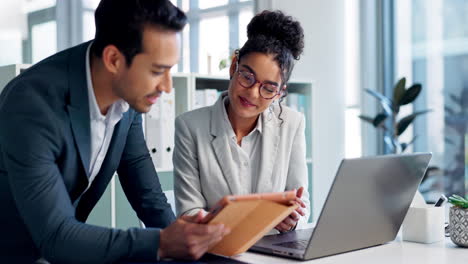 tablet, laptop and teamwork of business people