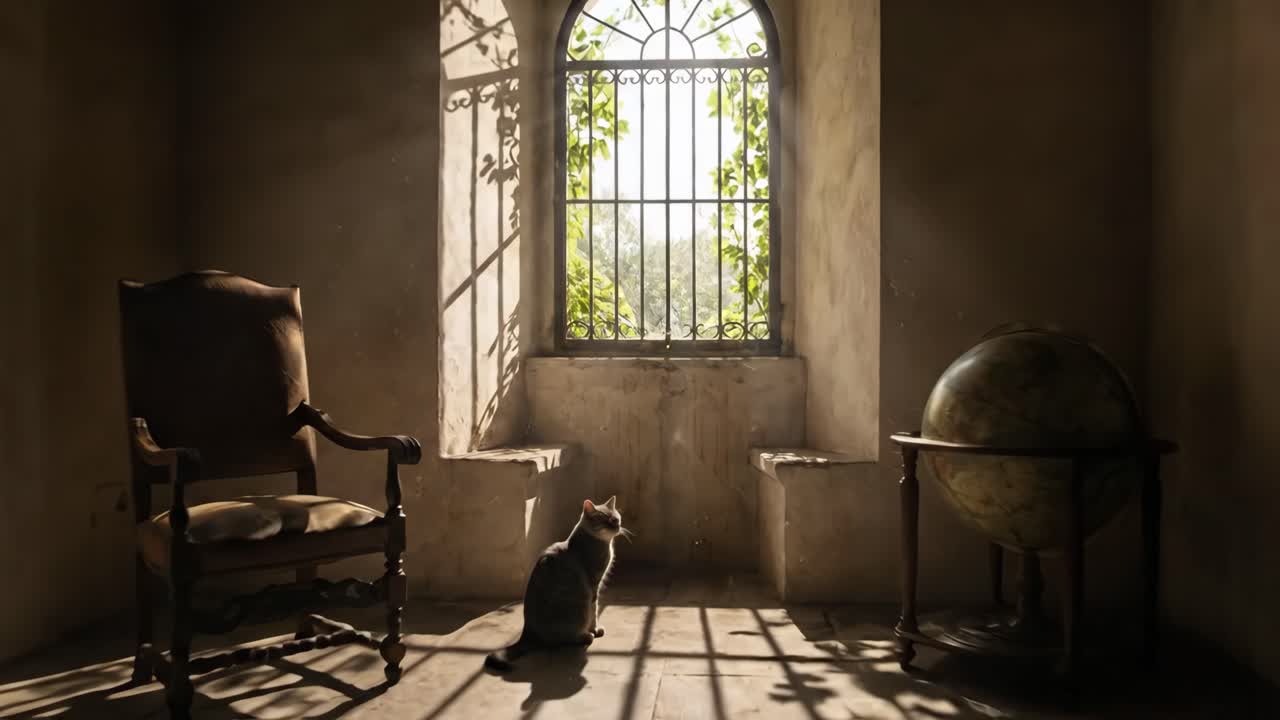 Cat Resting in a Sunlit Vintage Room with Arched Window