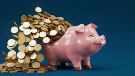 a playful representation of financial savings is illustrated through a cheerful piggy bank overflowing with gold coins against a vibrant blue backdrop, capturing the essence of wealth accumulation