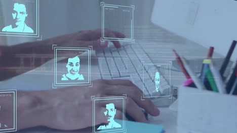 Animation-of-multiple-profile-icons-and-data-processing-over-mid-section-of-man-using-computer