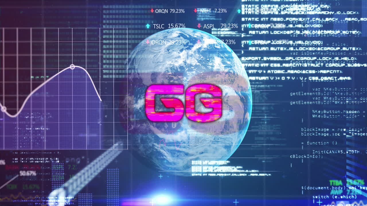 animación de texto de 6g, escaneo de alcance sobre el globo y procesamiento de datos