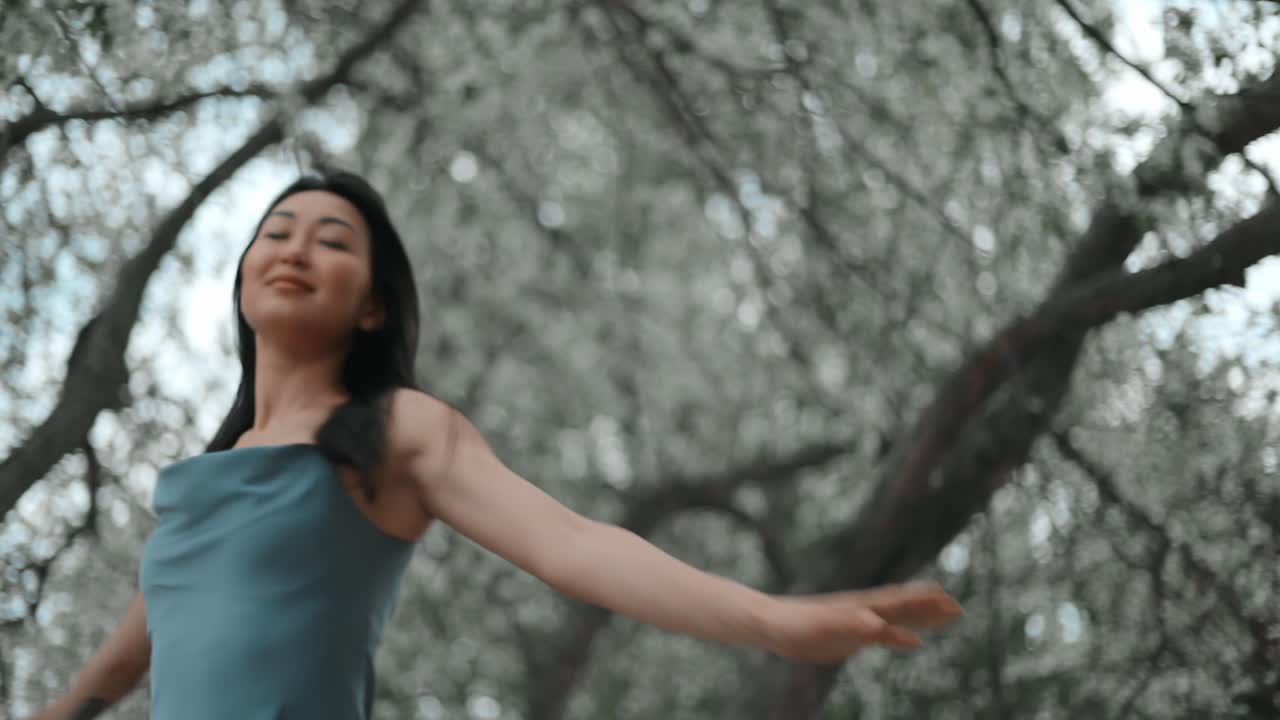 Woman in a Blue Dress Under Blooming Trees