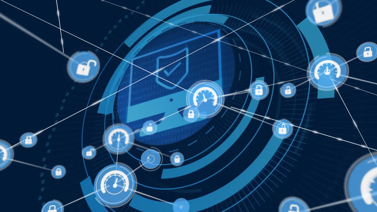 animación de ciberseguridad con cerraduras y velocímetros sobre fondo azul
