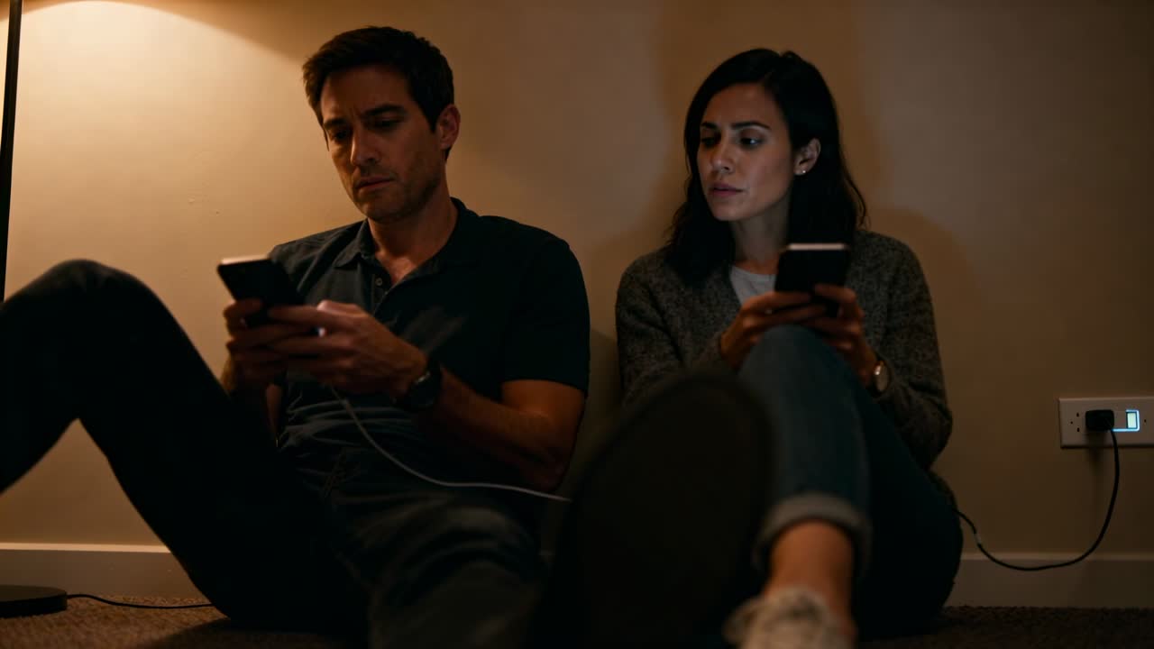 Leaning couple, woman gray cardigan, scrolling phones on carpet under lamp with charging cable