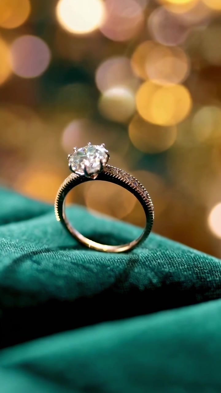 Mano che posa un anello di fidanzamento con diamante scintillante su velluto verde