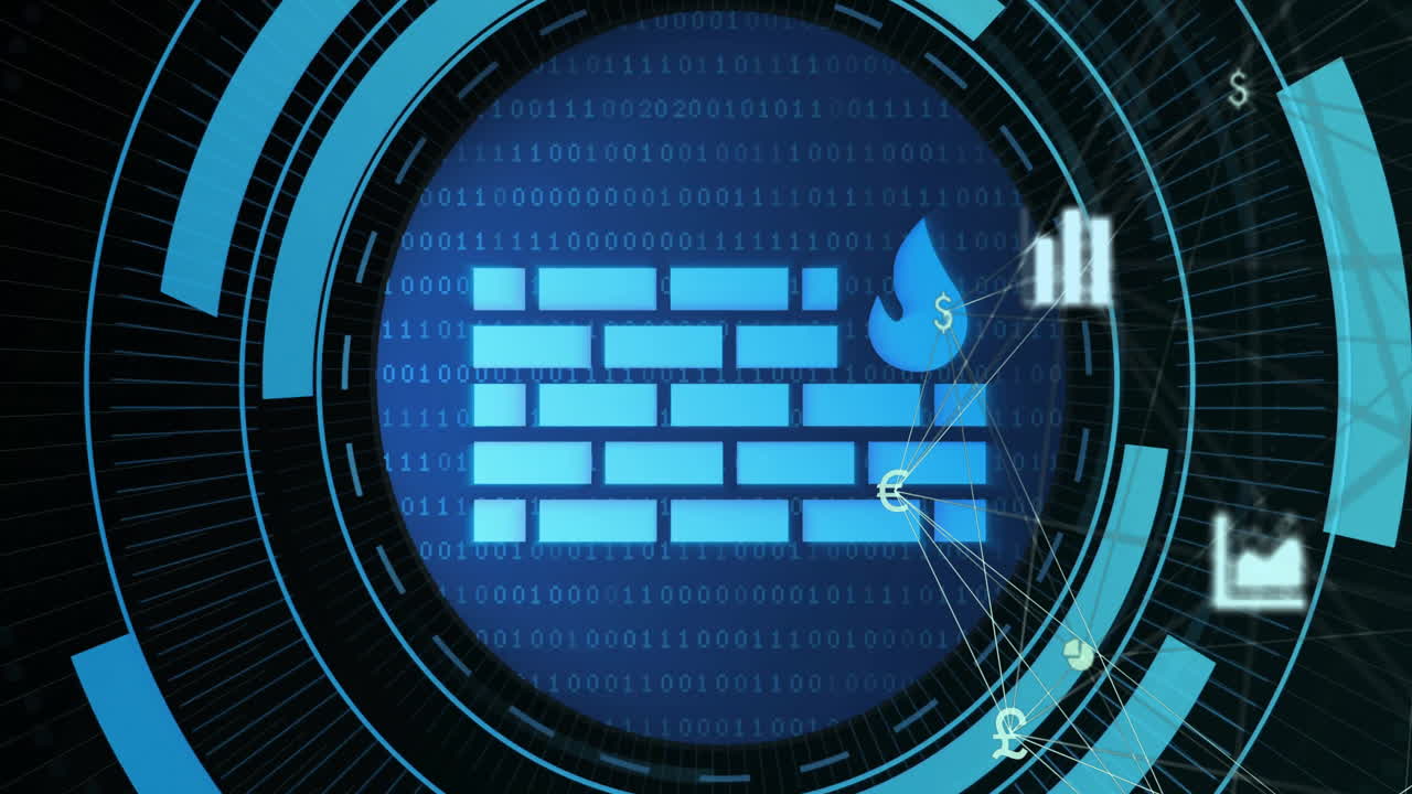 Animation of network of connections with icons over firewall