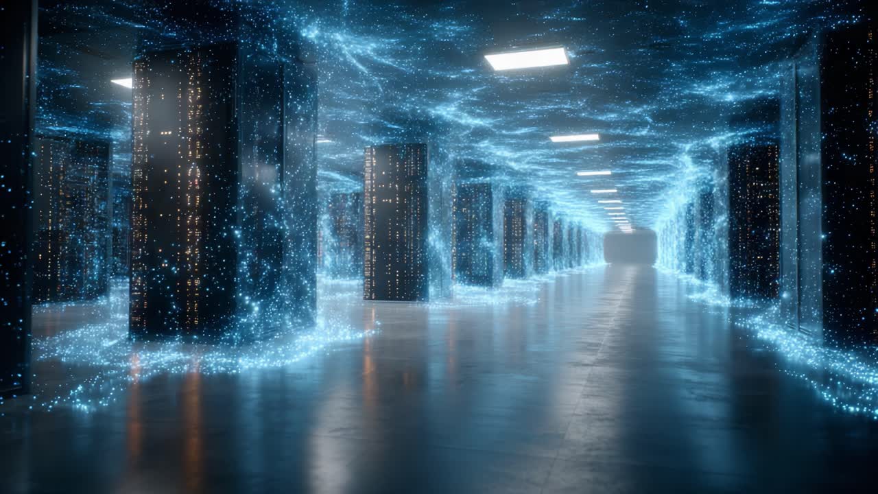 An Impressive Futuristic Corridor Illuminated with Pulsating Blue Energy, Surrounded by Dark Columns and a Radiant Digital Aura, Creating an Otherworldly Atmosphere