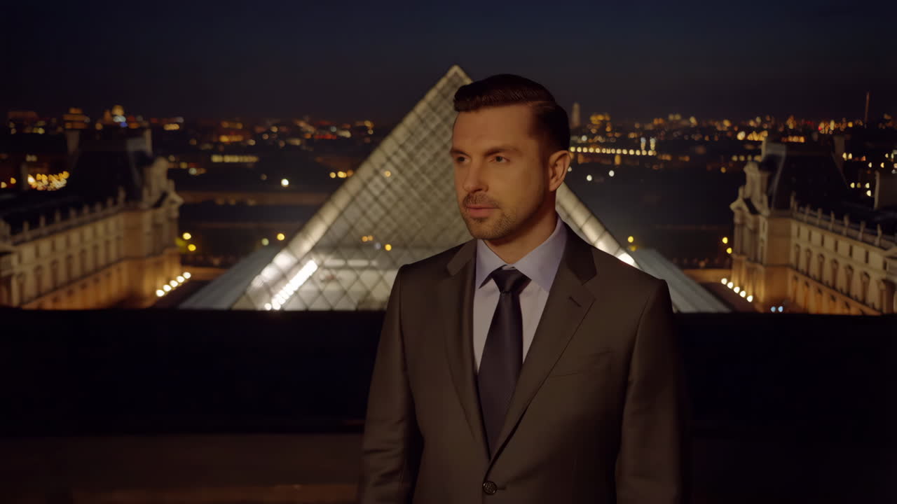 A man in a suit standing in front of the Louvre Pyramid at night in Paris