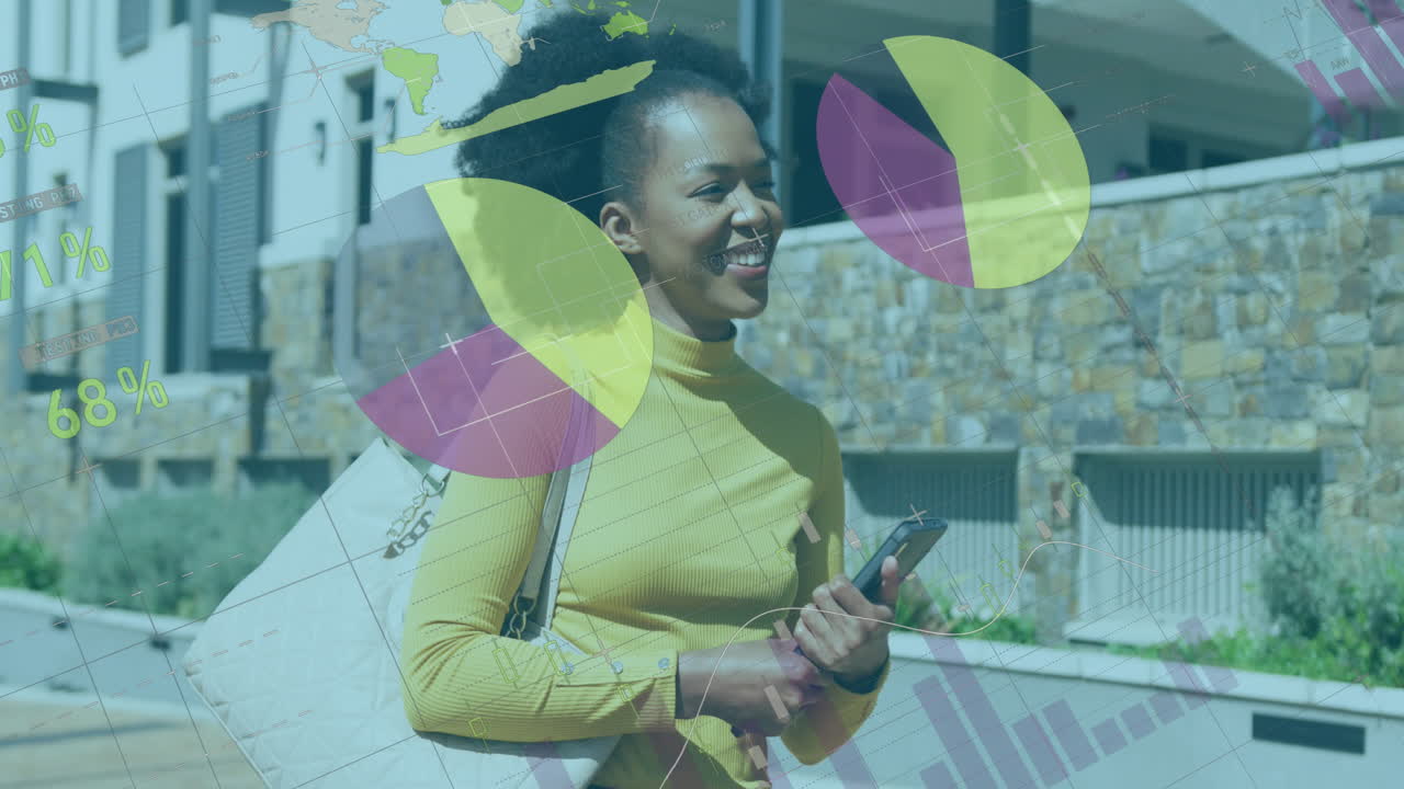 Animasi pemrosesan data statistik dengan latar belakang wanita Afrika-Amerika yang gembira berjalan di jalan