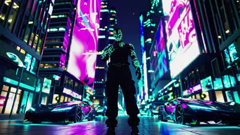 cyberpunk cityscape with figure