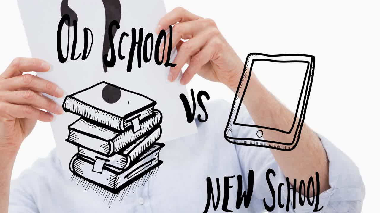 Animation of old school vs new school text over caucasian man holding question mark