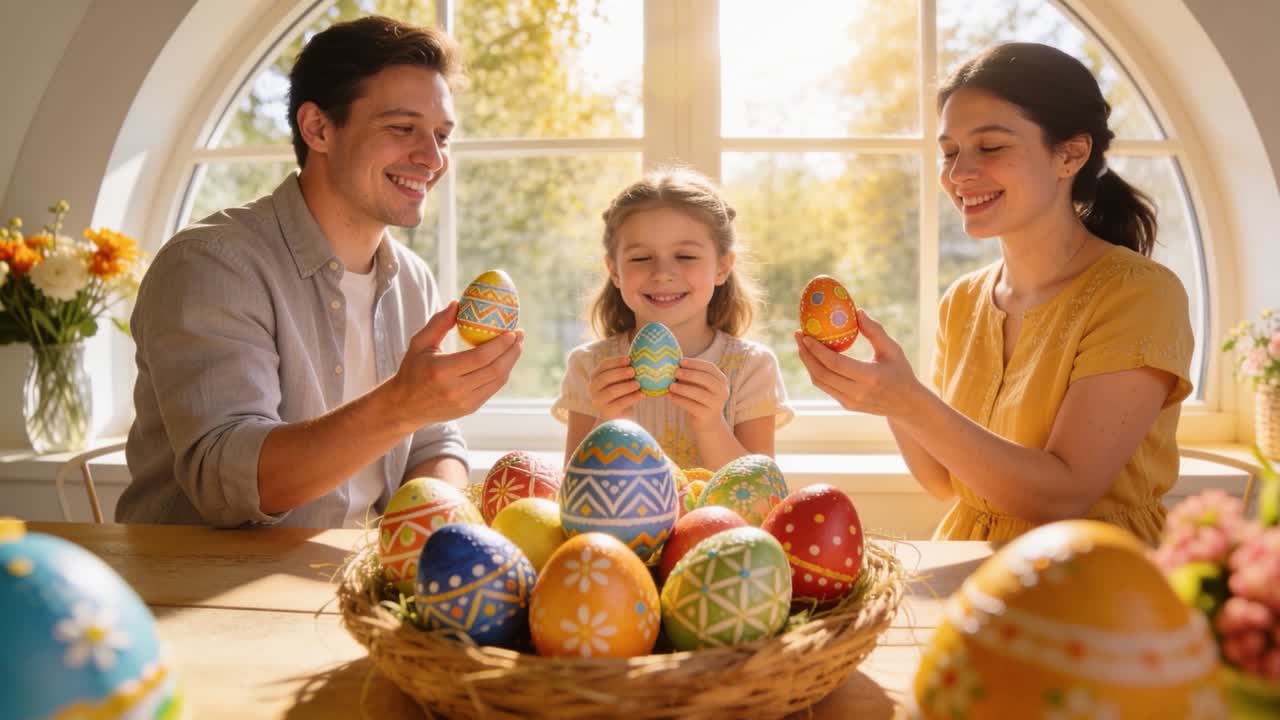 Camera lowering, family presenting Easter eggs at home table, mother in mustard blouse, basket