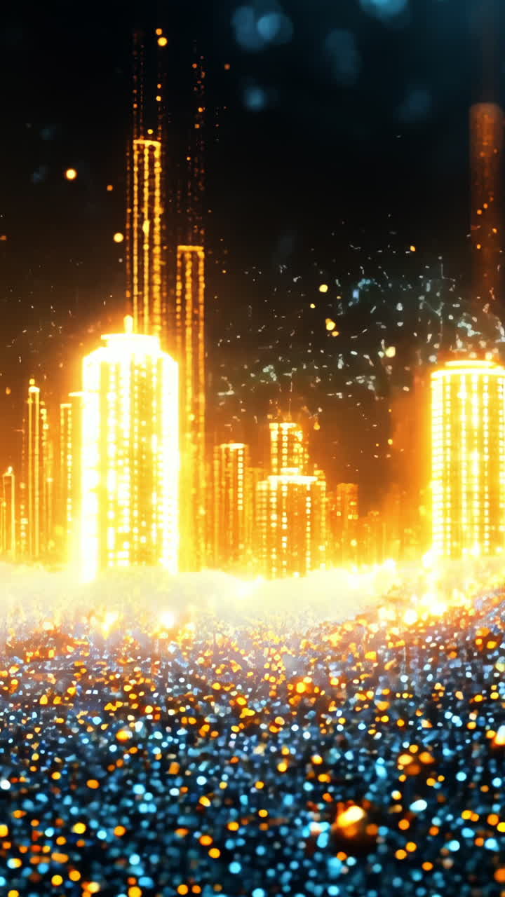 A cityscape with tall buildings and a lot of gold. The city is lit up with bright lights and the sky is dark. Scene is mysterious and captivating