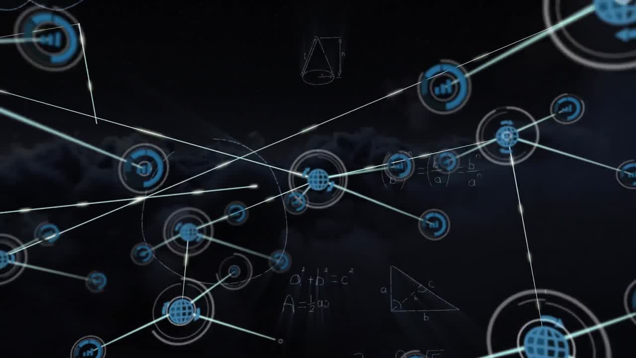 검은색 배경에 아이콘을 가진 연결 네트워크의 애니메이션