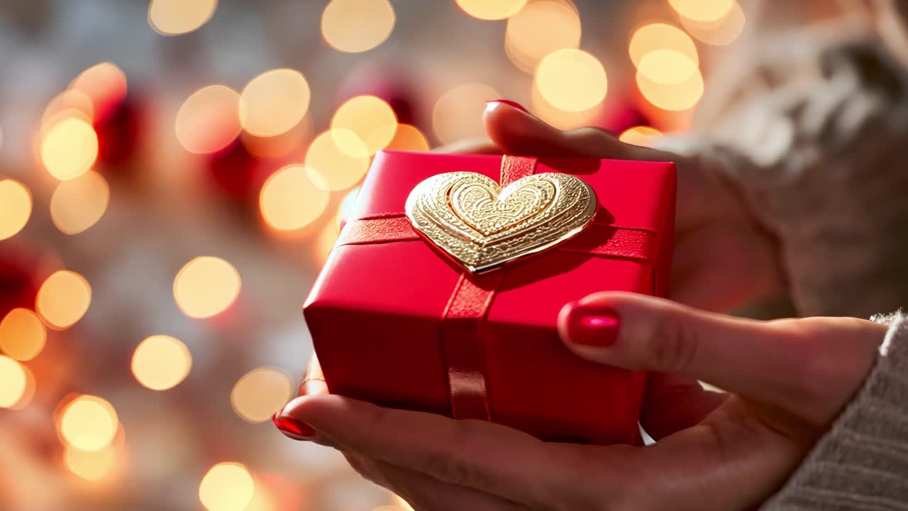 Woman's hands delicately holding red gift box featuring golden heart decoration against softly blurred festive lights background, conveying warmth of holiday generosity and romantic sentiment