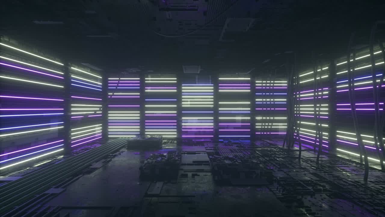 네온 바탕: 보라색과 파란색 네온 바탕이 나타나고 사라집니다. 밝고 활기찬 네온 바탕. 기술 공간. 방. 3d 애니메이션.