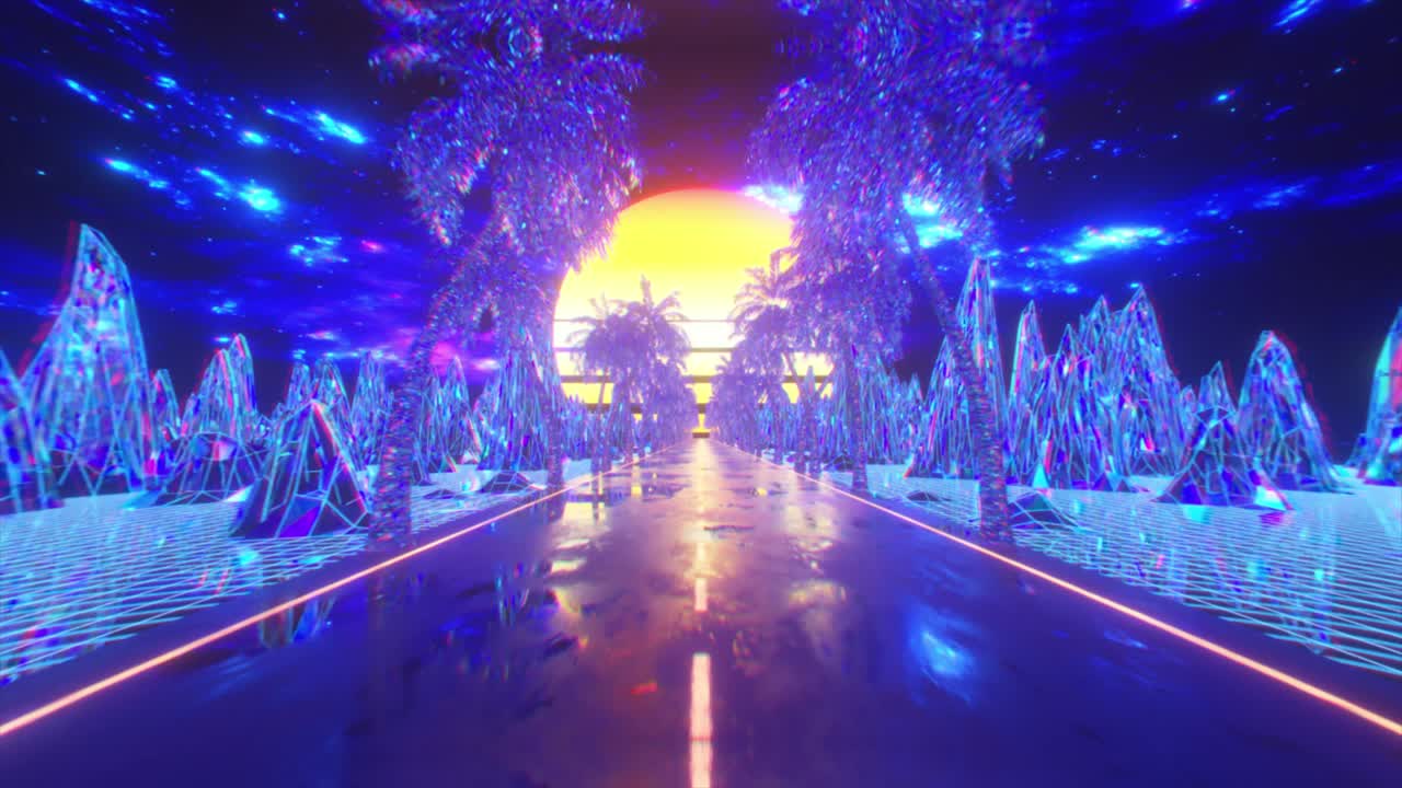 el concepto del futuro. conduciendo a lo largo de la carretera de diamantes hacia el color azul del atardecer. animación 3d de un bucle sin costuras.