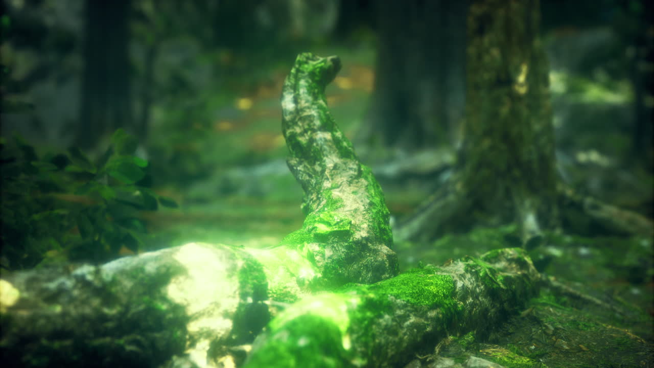 Mossy logs create a tranquil atmosphere in a vibrant forest landscape