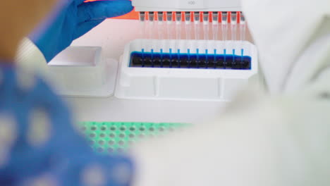 primer plano de científico enguantado aspirando muestra de laboratorio azul con pipeta multicanal en laboratorio de investigación médica, 4k