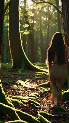 woman wandering through a sunlit, mystical forest