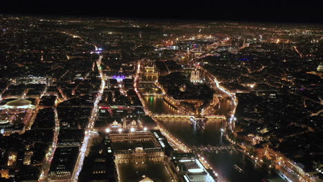 Luftaufnahme-Von-Paris-Bei-Nacht,-Stadtinsel-Und-Fluss-La-Seine