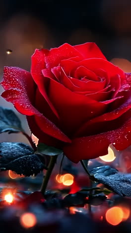 a red rose is the main focus of the image, surrounded by a dark background. the rose is the center of attention and the background is blurry, giving the impression of a dreamy, romantic atmosphere